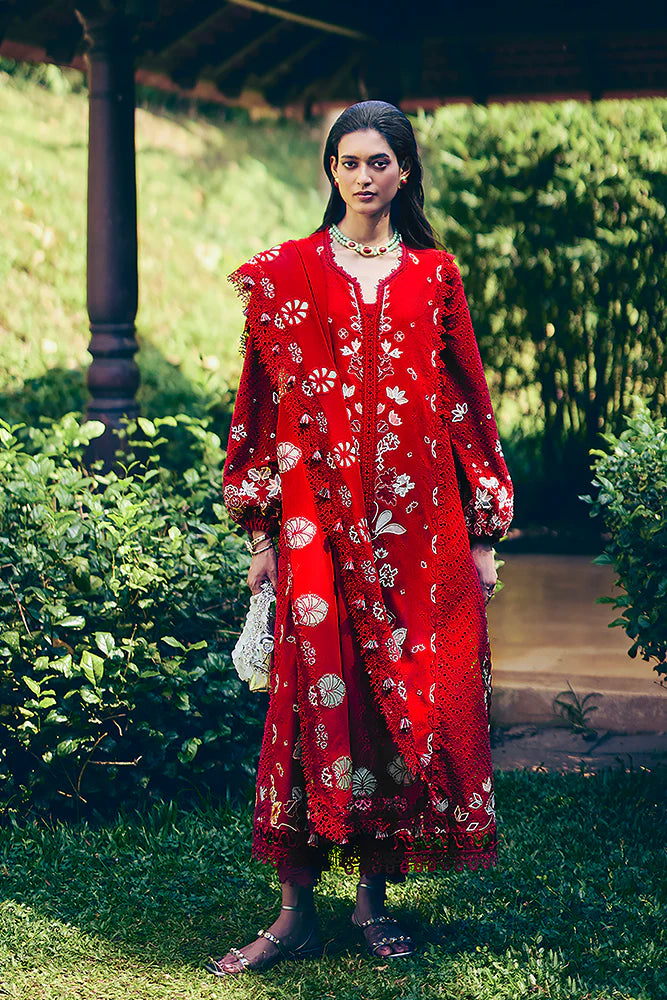 Model wearing deep red embroidered dress from Suffuse Casual Pret 2025 Crimsal. Pakistani luxury pret and Pakistani clothes online in UK.