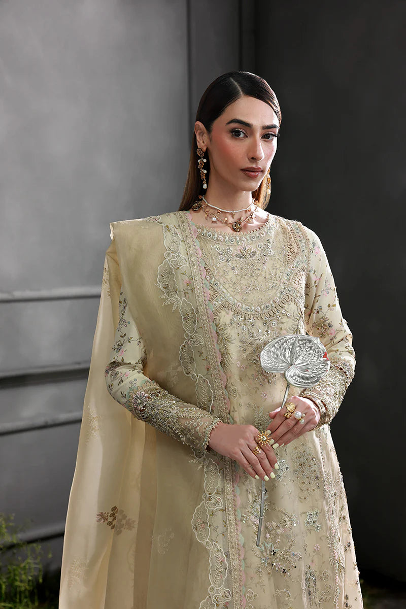 Model wearing MF-04 Ivory Grace by Qalamkar in ivory hand-embellished dress – Pakistani luxury pret perfect for festive wear, shop online in UK.