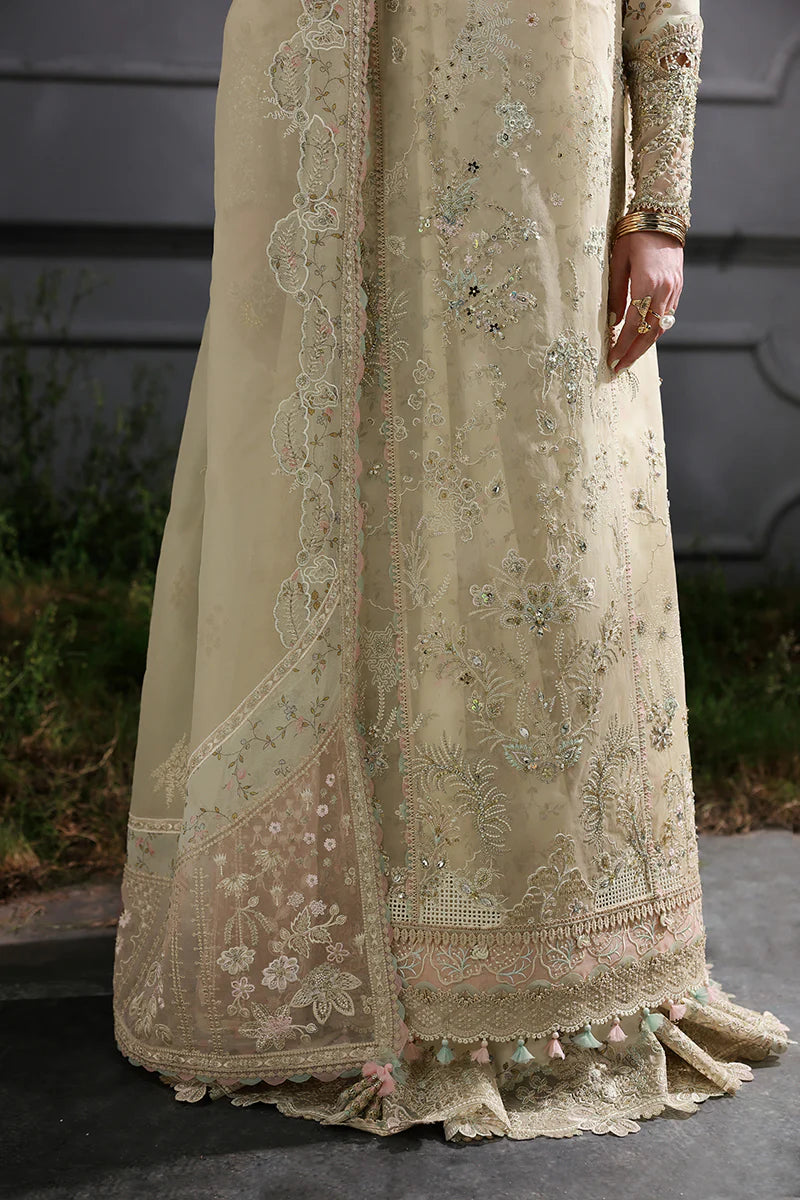 Model wearing MF-04 Ivory Grace by Qalamkar in ivory hand-embellished dress – Pakistani luxury pret perfect for festive wear, shop online in UK.