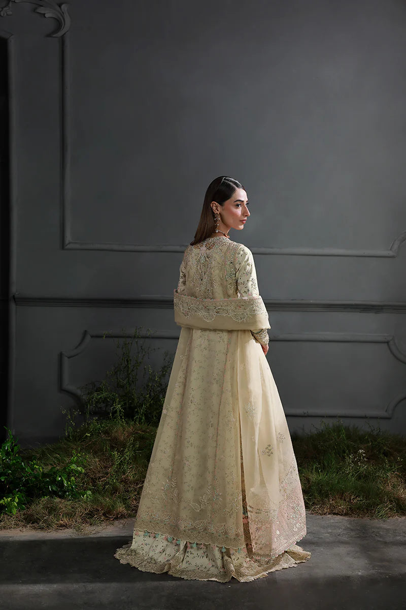 Model wearing MF-04 Ivory Grace by Qalamkar in ivory hand-embellished dress – Pakistani luxury pret perfect for festive wear, shop online in UK.