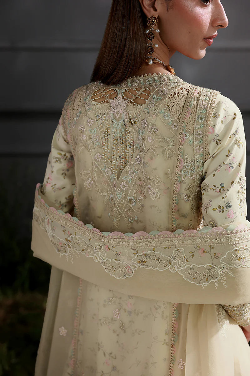 Model wearing MF-04 Ivory Grace by Qalamkar in ivory hand-embellished dress – Pakistani luxury pret perfect for festive wear, shop online in UK.