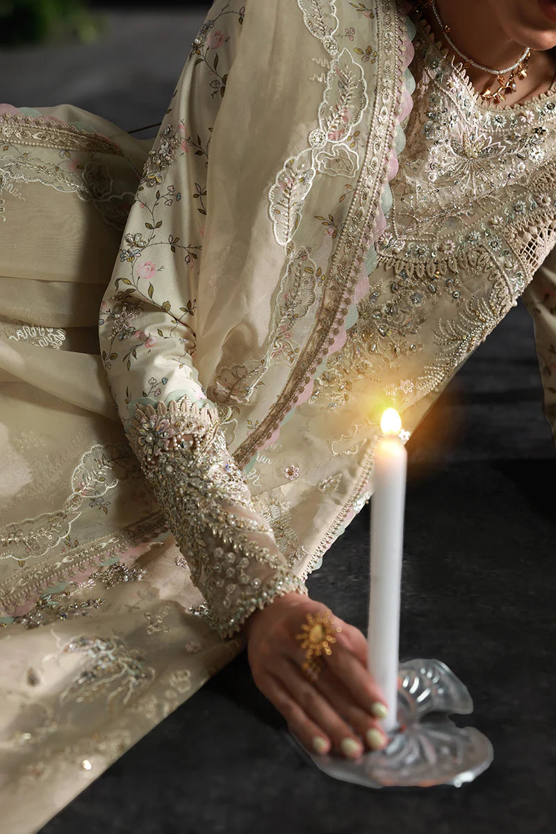 Model wearing MF-04 Ivory Grace by Qalamkar in ivory hand-embellished dress – Pakistani luxury pret perfect for festive wear, shop online in UK.