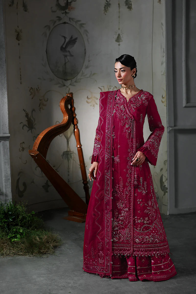 Model wearing MF-05 Amaris by Qalamkar in deep maroon hand-embroidered dress – Pakistani luxury pret perfect for festive wear, shop online in UK.