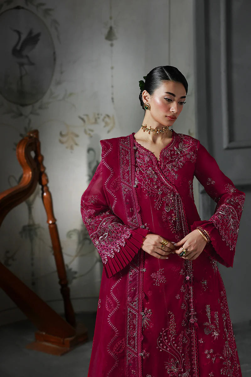 Model wearing MF-05 Amaris by Qalamkar in deep maroon hand-embroidered dress – Pakistani luxury pret perfect for festive wear, shop online in UK.