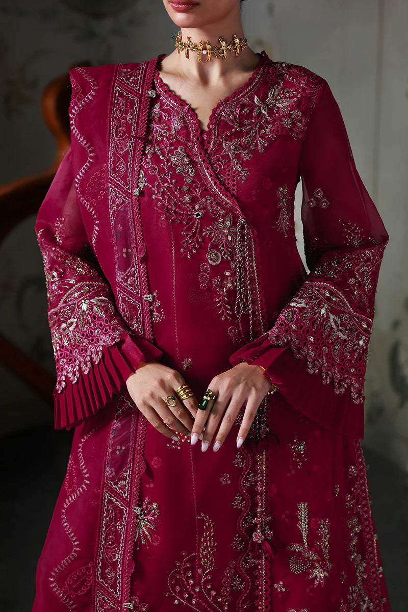 Model wearing MF-05 Amaris by Qalamkar in deep maroon hand-embroidered dress – Pakistani luxury pret perfect for festive wear, shop online in UK.