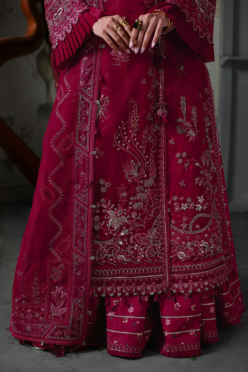 Model wearing MF-05 Amaris by Qalamkar in deep maroon hand-embroidered dress – Pakistani luxury pret perfect for festive wear, shop online in UK.