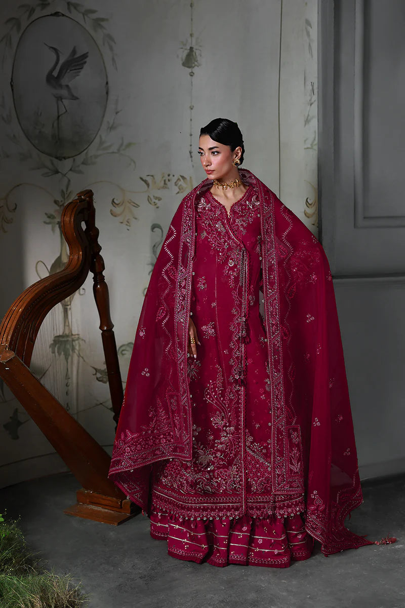 Model wearing MF-05 Amaris by Qalamkar in deep maroon hand-embroidered dress – Pakistani luxury pret perfect for festive wear, shop online in UK.