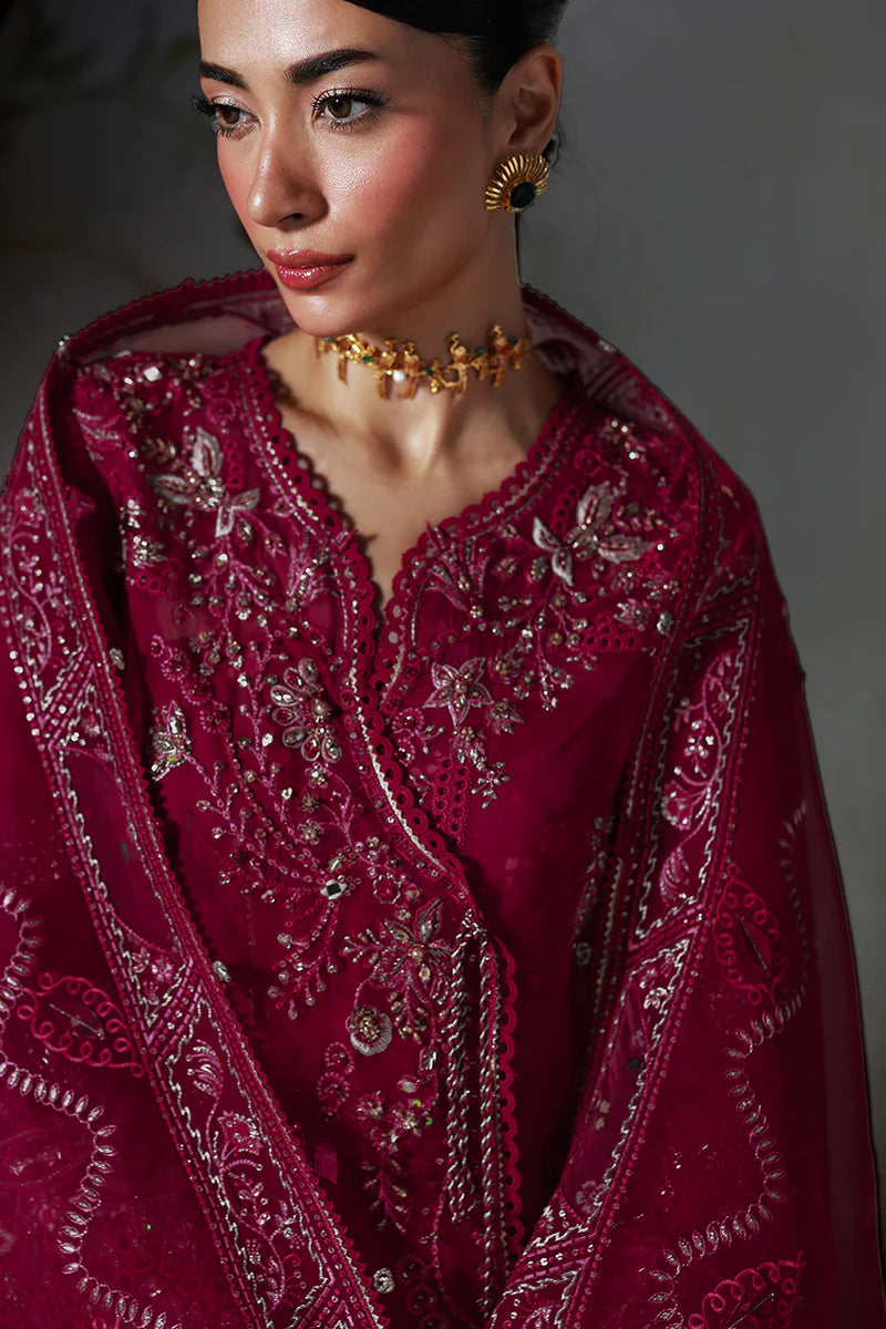 Model wearing MF-05 Amaris by Qalamkar in deep maroon hand-embroidered dress – Pakistani luxury pret perfect for festive wear, shop online in UK.