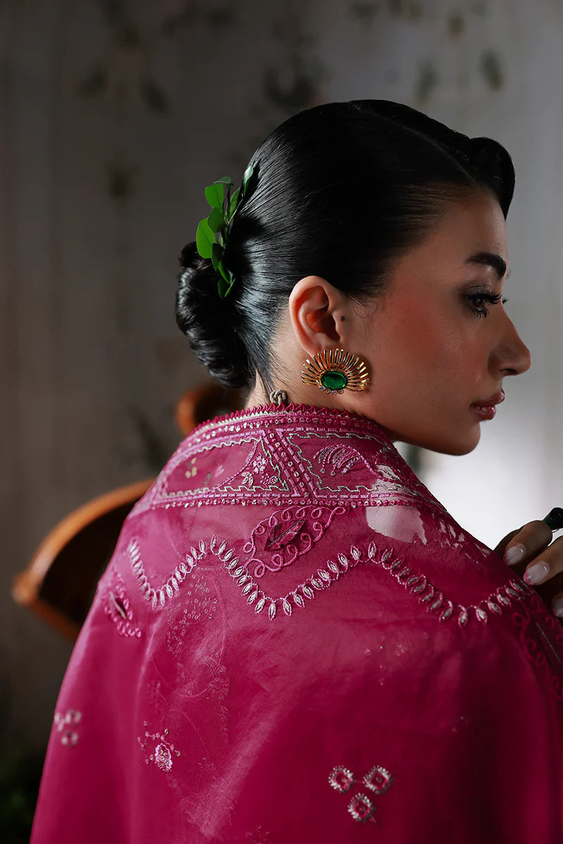 Model wearing MF-05 Amaris by Qalamkar in deep maroon hand-embroidered dress – Pakistani luxury pret perfect for festive wear, shop online in UK.