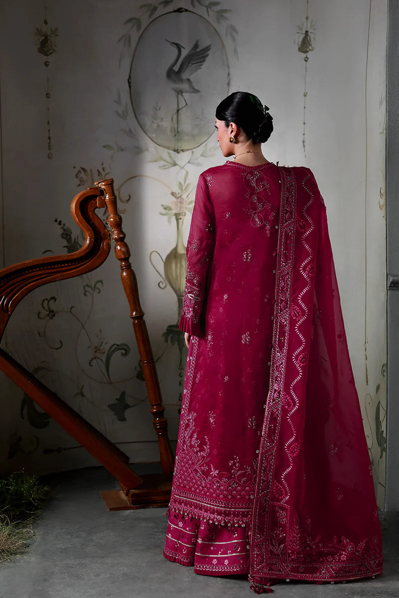 Model wearing MF-05 Amaris by Qalamkar in deep maroon hand-embroidered dress – Pakistani luxury pret perfect for festive wear, shop online in UK.