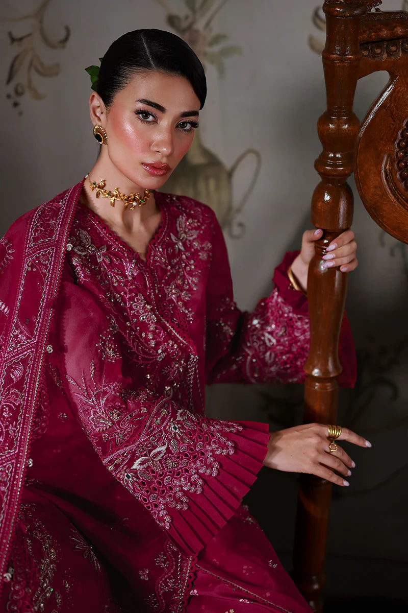 Model wearing MF-05 Amaris by Qalamkar in deep maroon hand-embroidered dress – Pakistani luxury pret perfect for festive wear, shop online in UK.