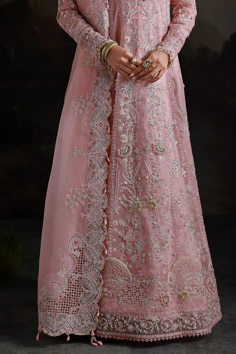 Model wearing MF-03 Blush Reverie by Qalamkar in pastel pink hand-embroidered dress – Pakistani luxury pret perfect for festive wear, shop online in UK.