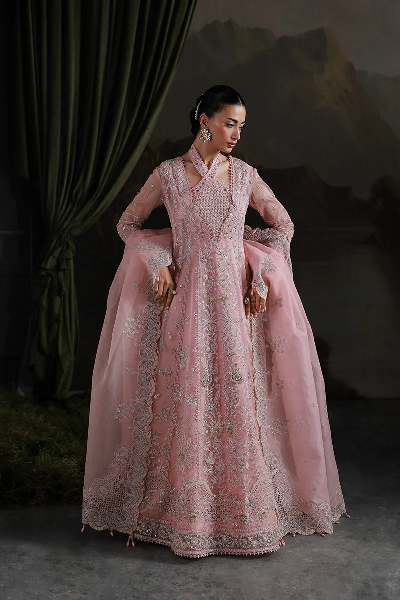 Model wearing MF-03 Blush Reverie by Qalamkar in pastel pink hand-embroidered dress – Pakistani luxury pret perfect for festive wear, shop online in UK.