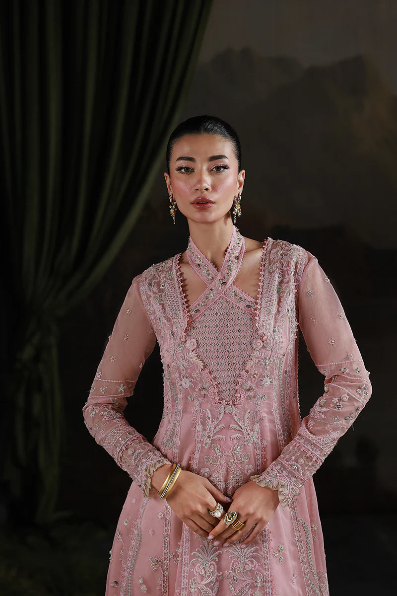 Model wearing MF-03 Blush Reverie by Qalamkar in pastel pink hand-embroidered dress – Pakistani luxury pret perfect for festive wear, shop online in UK.