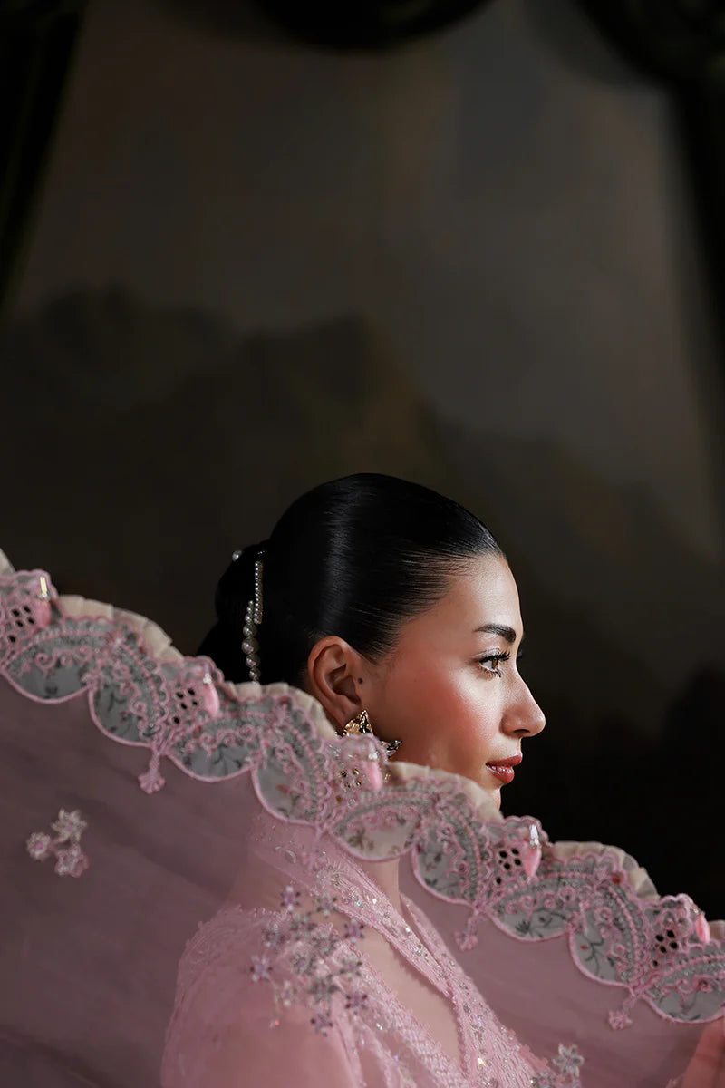 Model wearing MF-03 Blush Reverie by Qalamkar in pastel pink hand-embroidered dress – Pakistani luxury pret perfect for festive wear, shop online in UK.