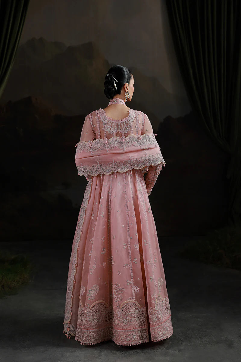 Model wearing MF-03 Blush Reverie by Qalamkar in pastel pink hand-embroidered dress – Pakistani luxury pret perfect for festive wear, shop online in UK.