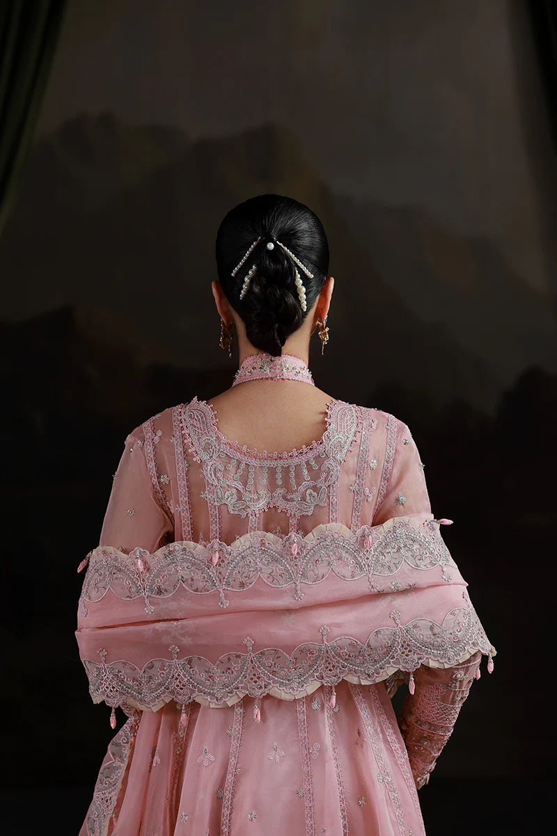 Model wearing MF-03 Blush Reverie by Qalamkar in pastel pink hand-embroidered dress – Pakistani luxury pret perfect for festive wear, shop online in UK.