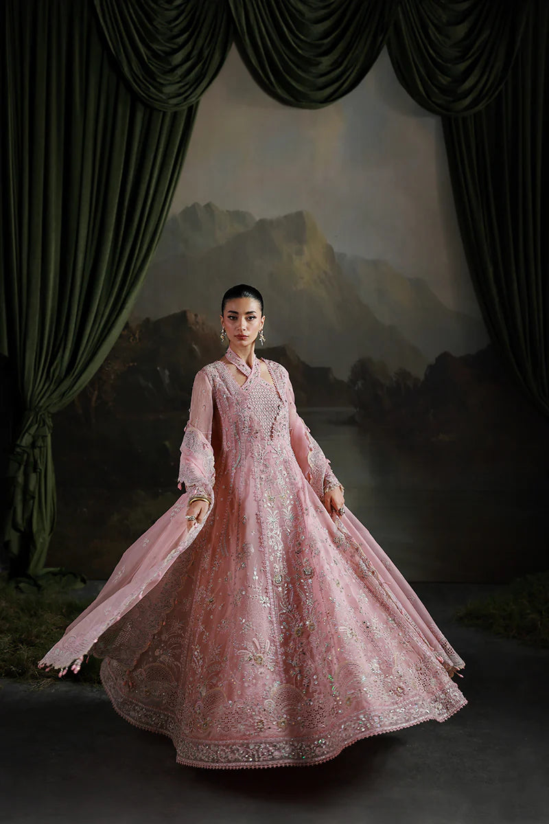 Model wearing MF-03 Blush Reverie by Qalamkar in pastel pink hand-embroidered dress – Pakistani luxury pret perfect for festive wear, shop online in UK.