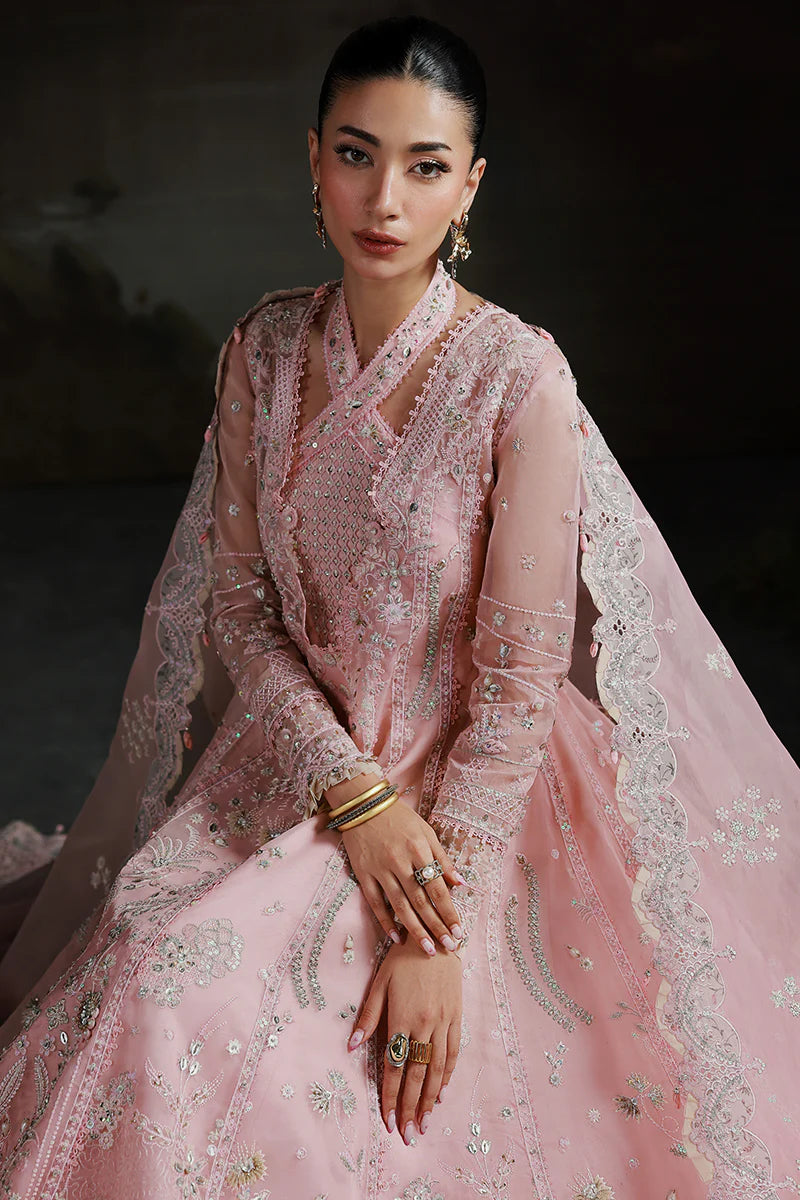 Model wearing MF-03 Blush Reverie by Qalamkar in pastel pink hand-embroidered dress – Pakistani luxury pret perfect for festive wear, shop online in UK.