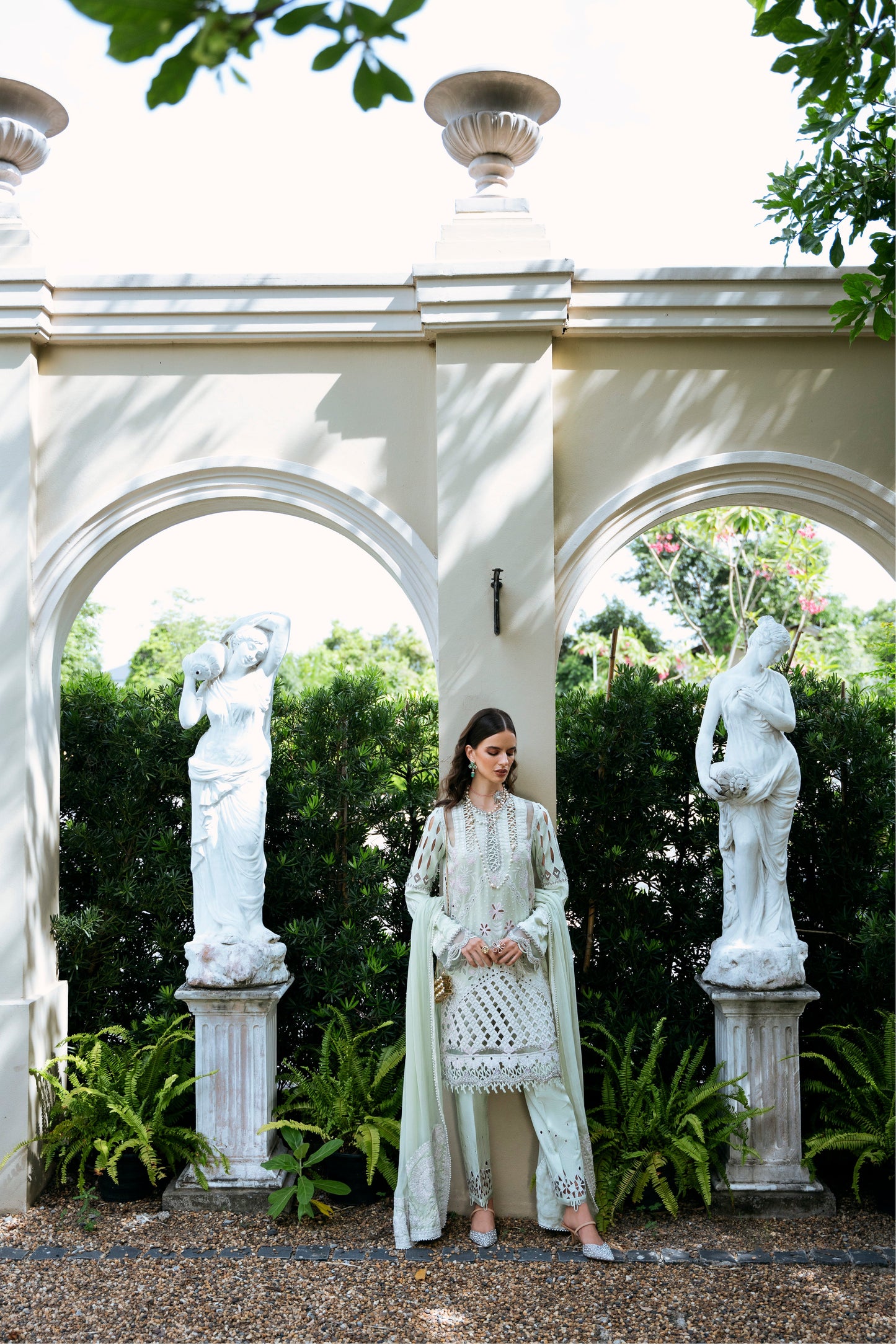 Model wearing Rosina from Mysie by Tahira in soft mint green, perfect for Pakistani luxury pret in UK.