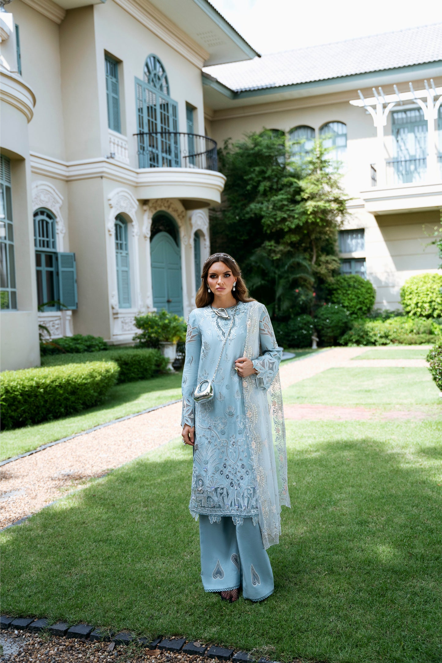Model wearing sky blue Voila outfit from Mysie by Tahira, ideal for Pakistani luxury pret and Pakistani clothes online in UK.