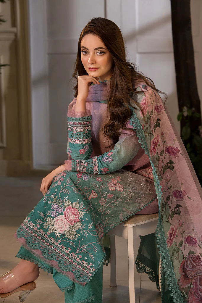 Model wearing ombre pink and teal embroidered dress from Sobia Nazir Vital 2025 Design 11A. Pakistani luxury pret and Pakistani clothes online in UK.