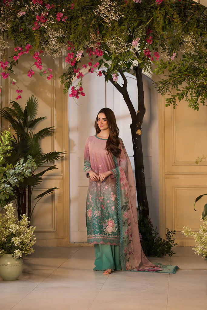 Model wearing ombre pink and teal embroidered dress from Sobia Nazir Vital 2025 Design 11A. Pakistani luxury pret and Pakistani clothes online in UK.