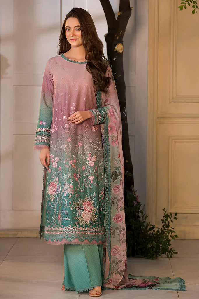Model wearing ombre pink and teal embroidered dress from Sobia Nazir Vital 2025 Design 11A. Pakistani luxury pret and Pakistani clothes online in UK.