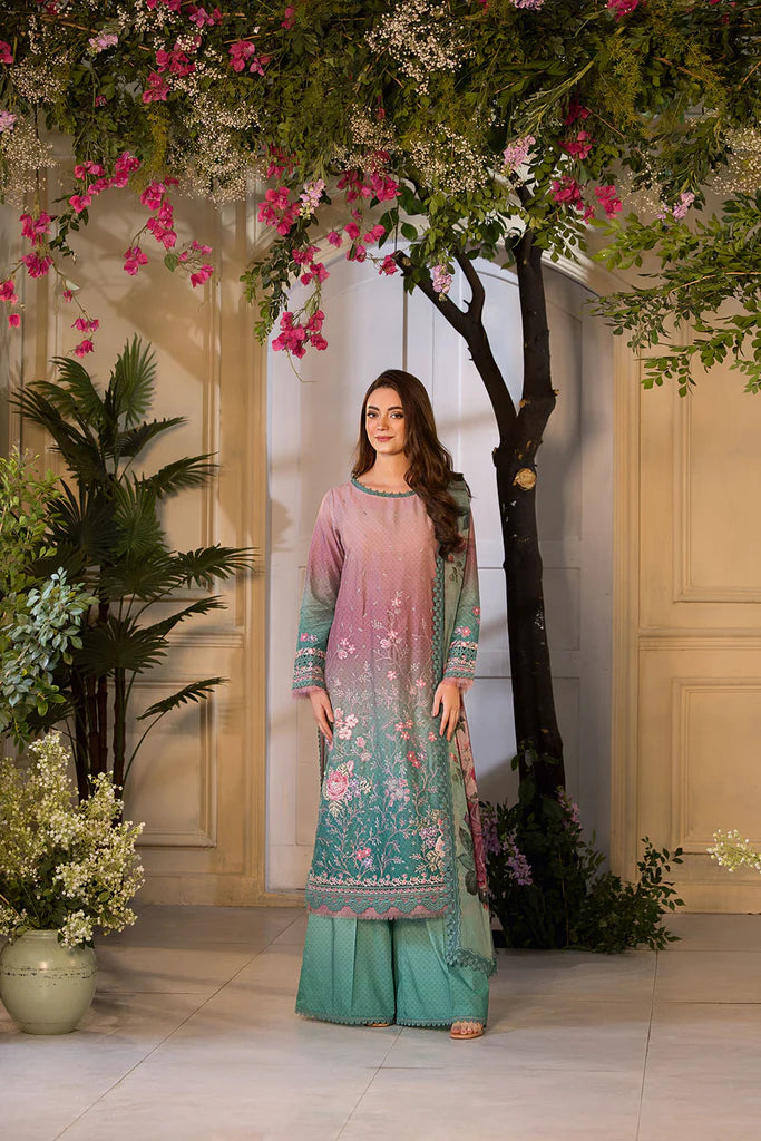 Model wearing ombre pink and teal embroidered dress from Sobia Nazir Vital 2025 Design 11A. Pakistani luxury pret and Pakistani clothes online in UK.