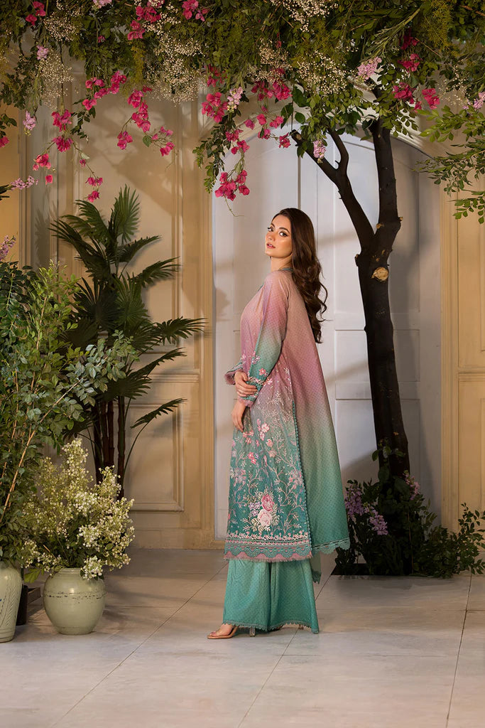 Model wearing ombre pink and teal embroidered dress from Sobia Nazir Vital 2025 Design 11A. Pakistani luxury pret and Pakistani clothes online in UK.