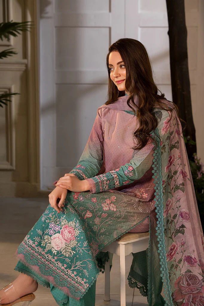 Model wearing ombre pink and teal embroidered dress from Sobia Nazir Vital 2025 Design 11A. Pakistani luxury pret and Pakistani clothes online in UK.