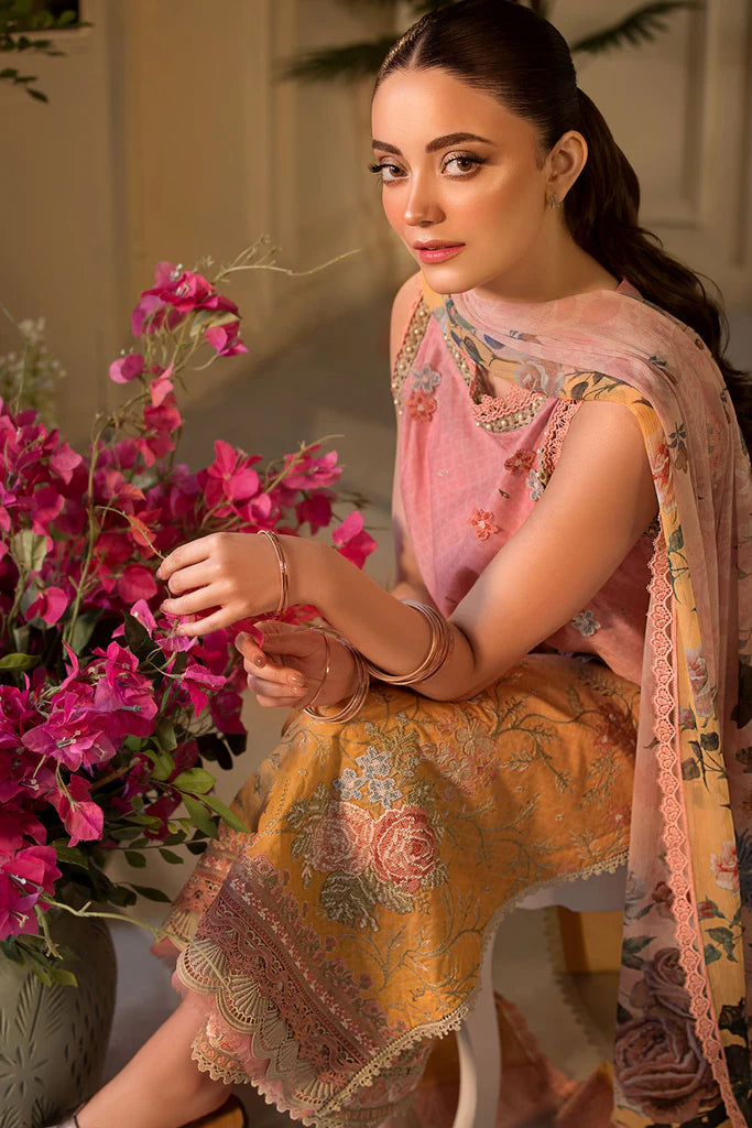 Model wearing peach and yellow embroidered dress from Sobia Nazir Vital 2025 Design 11B. Pakistani luxury pret clothes online in UK.