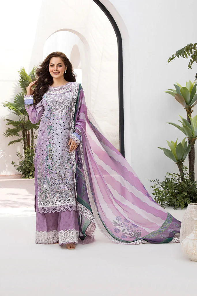Model wearing Sobia Nazir Vital 2025 Design 12B in soft lavender with eyelet embroidery. Shop Pakistani luxury pret clothes online in UK.