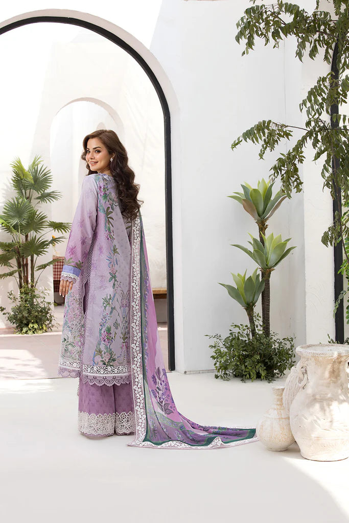 Model wearing Sobia Nazir Vital 2025 Design 12B in soft lavender with eyelet embroidery. Shop Pakistani luxury pret clothes online in UK.