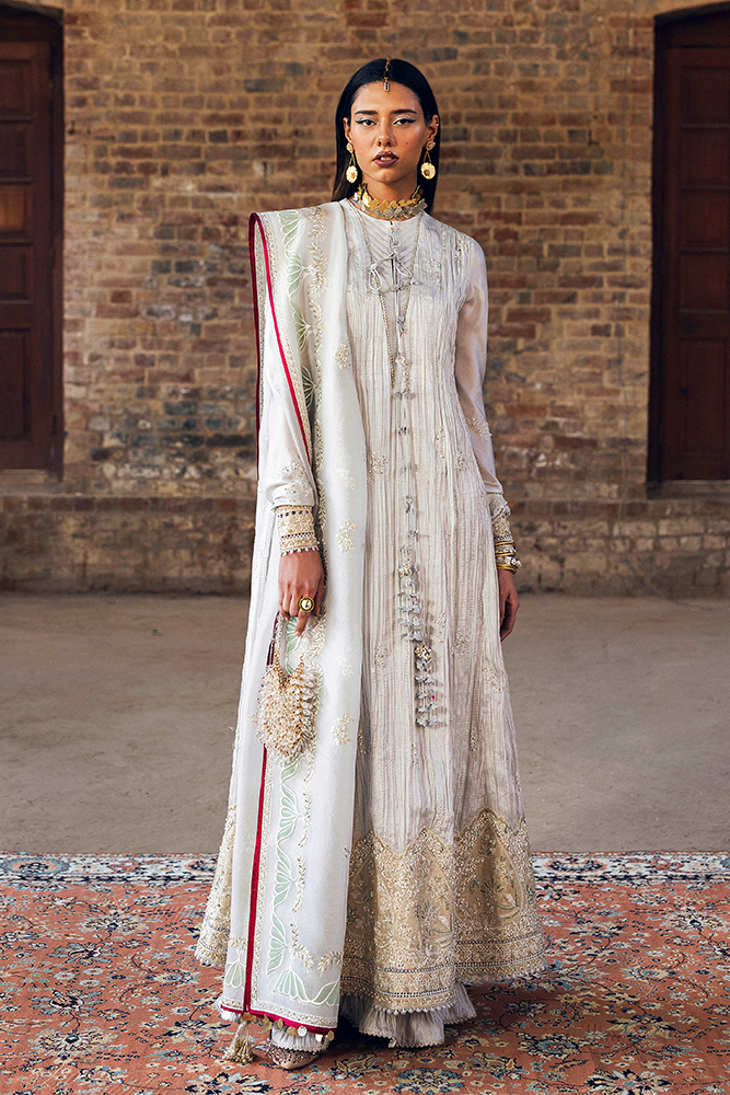 Model wearing NEVE, front view, a Pakistani designer outfit by Suffuse, available online in the UK.