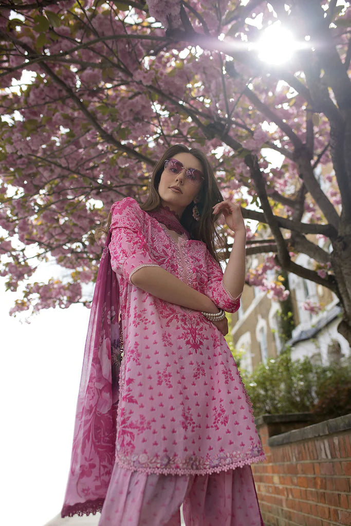 Model wearing bright pink printed Design 1A from Sobia Nazir SN Basics '25, Pakistani Luxury pret, Pakistani clothes online in UK.