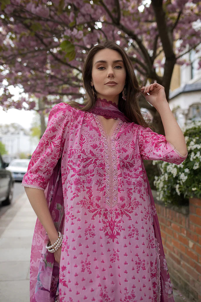 Model wearing bright pink printed Design 1A from Sobia Nazir SN Basics '25, Pakistani Luxury pret, Pakistani clothes online in UK.