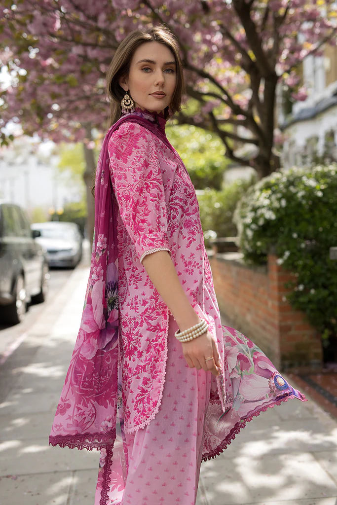 Model wearing bright pink printed Design 1A from Sobia Nazir SN Basics '25, Pakistani Luxury pret, Pakistani clothes online in UK.