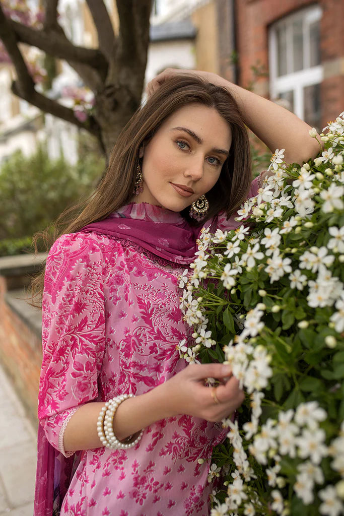Model wearing bright pink printed Design 1A from Sobia Nazir SN Basics '25, Pakistani Luxury pret, Pakistani clothes online in UK.