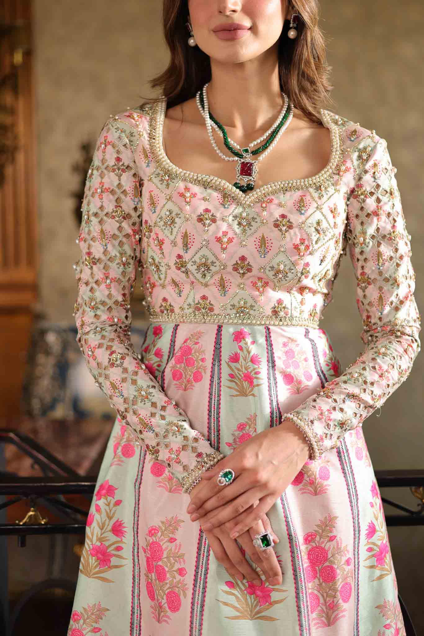 Model wearing pastel pink and ivory floral printed long dress from Mysie By Tahira's Gulabo, Pakistani Luxury pret and clothes online in UK.