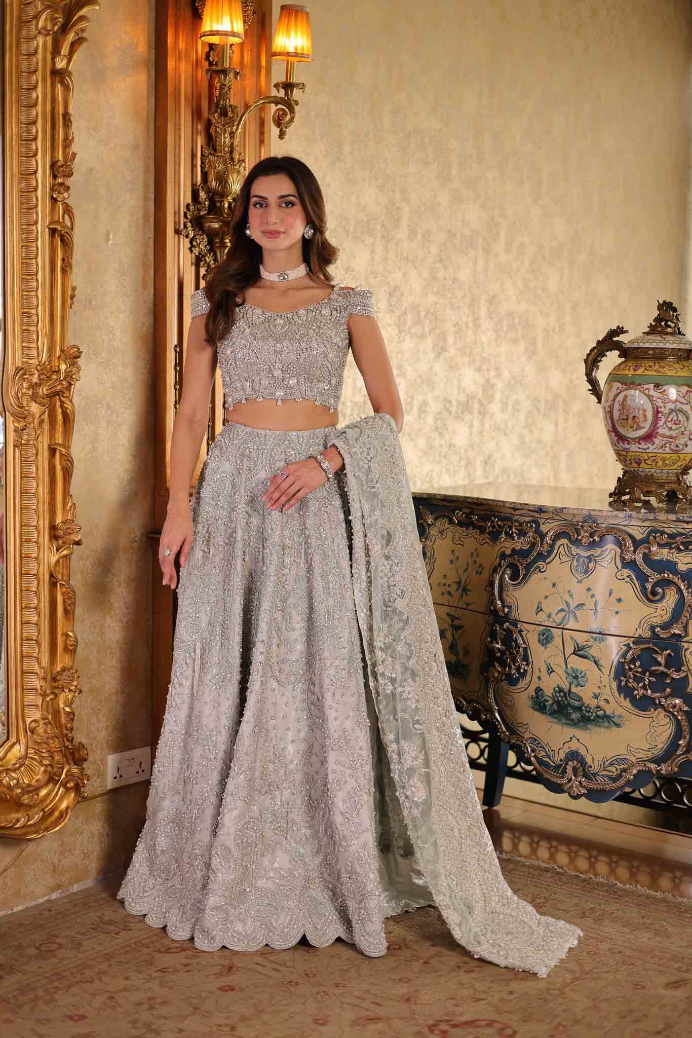 Model wearing silver embellished formal dress from Mysie By Tahira's Mia, Pakistani Luxury pret available online in UK.