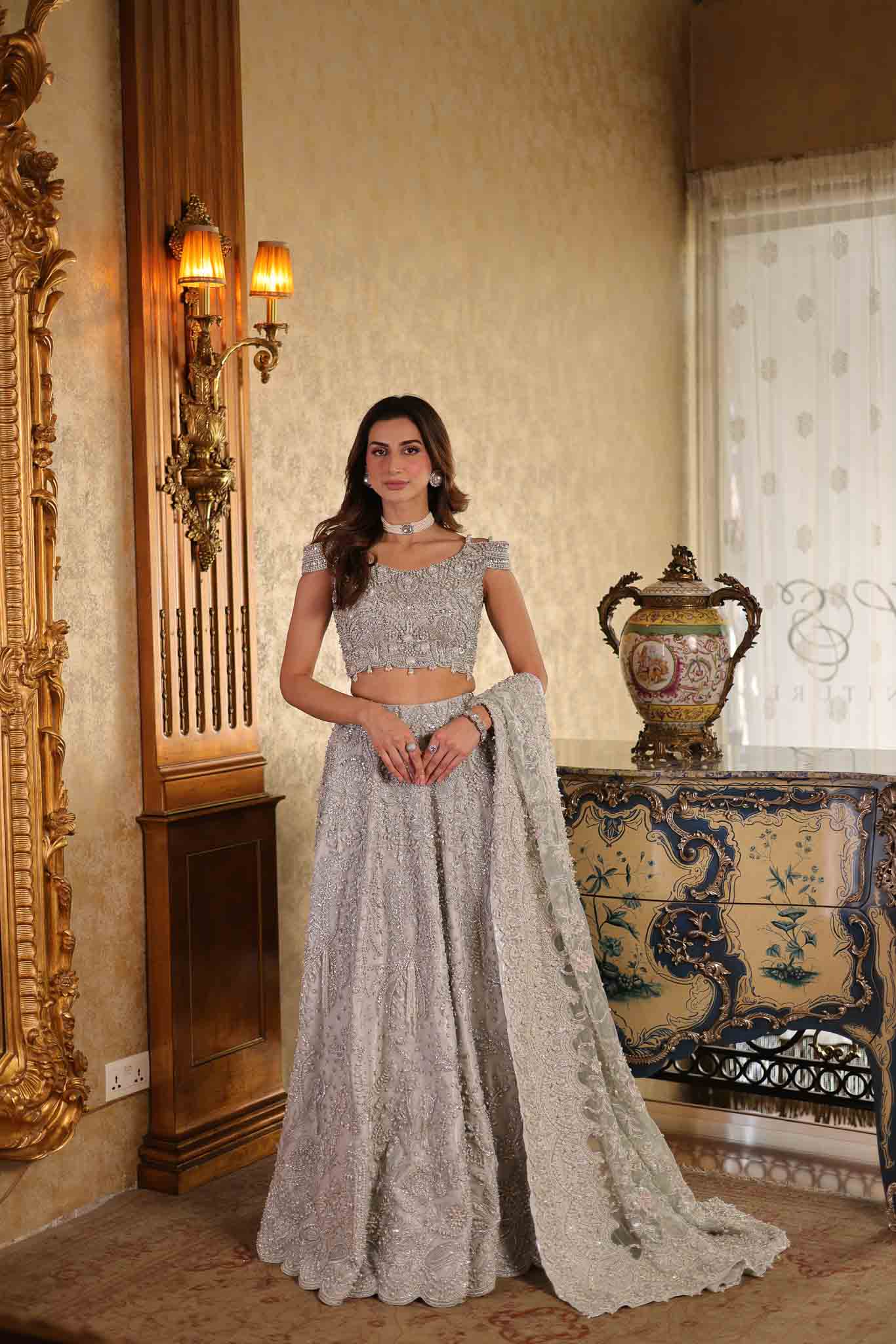Model wearing silver embellished formal dress from Mysie By Tahira's Mia, Pakistani Luxury pret available online in UK.