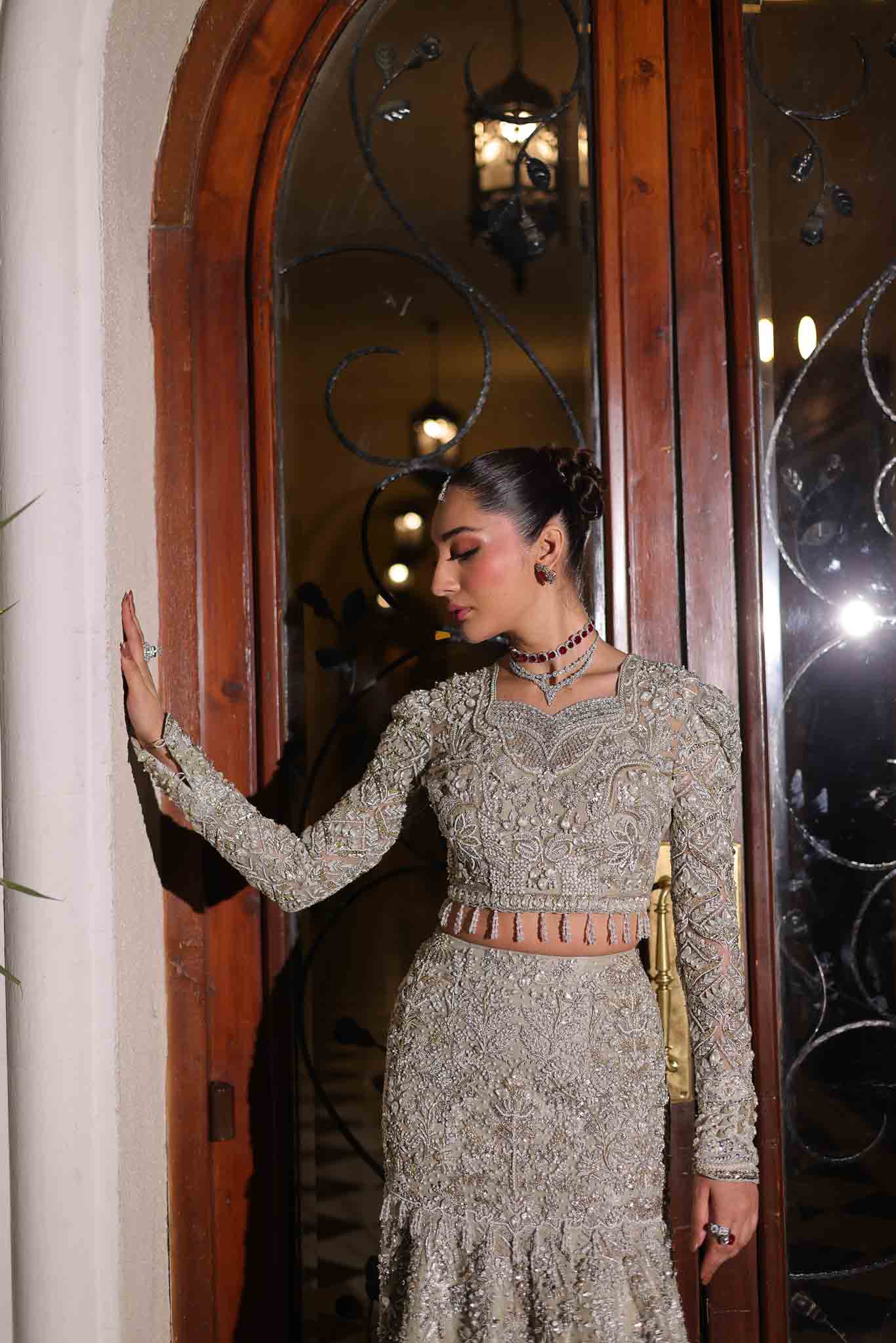 Model wearing silver embellished dress BIA from Mysie by Tahira, showcasing Pakistani luxury pret available online in UK.