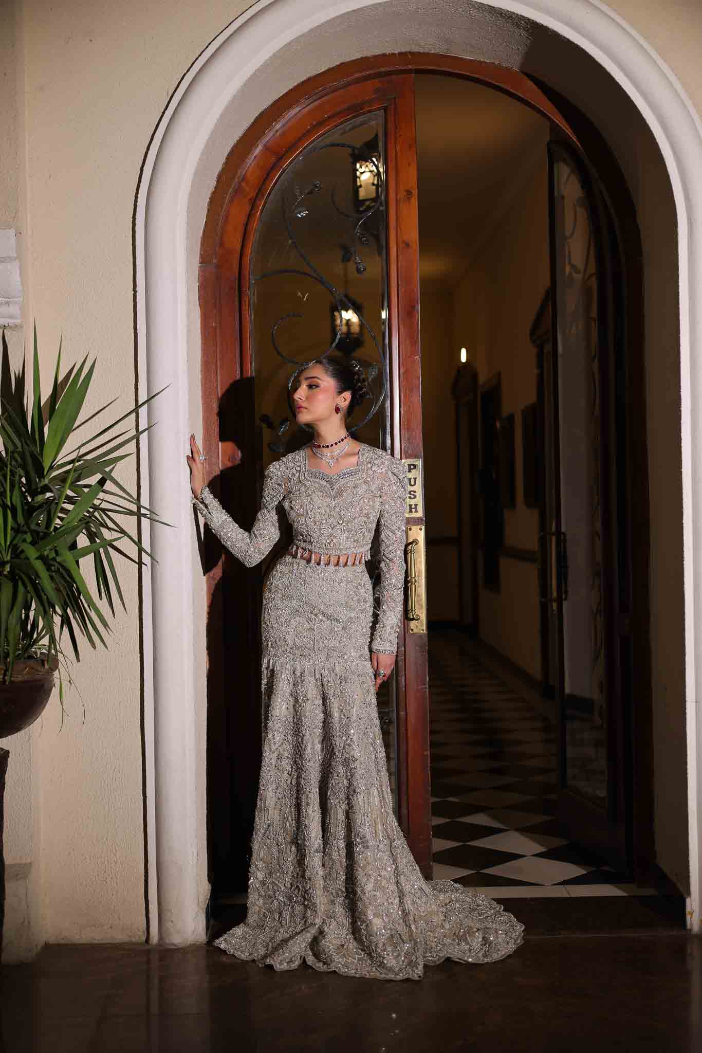 Model wearing silver embellished dress BIA from Mysie by Tahira, showcasing Pakistani luxury pret available online in UK.