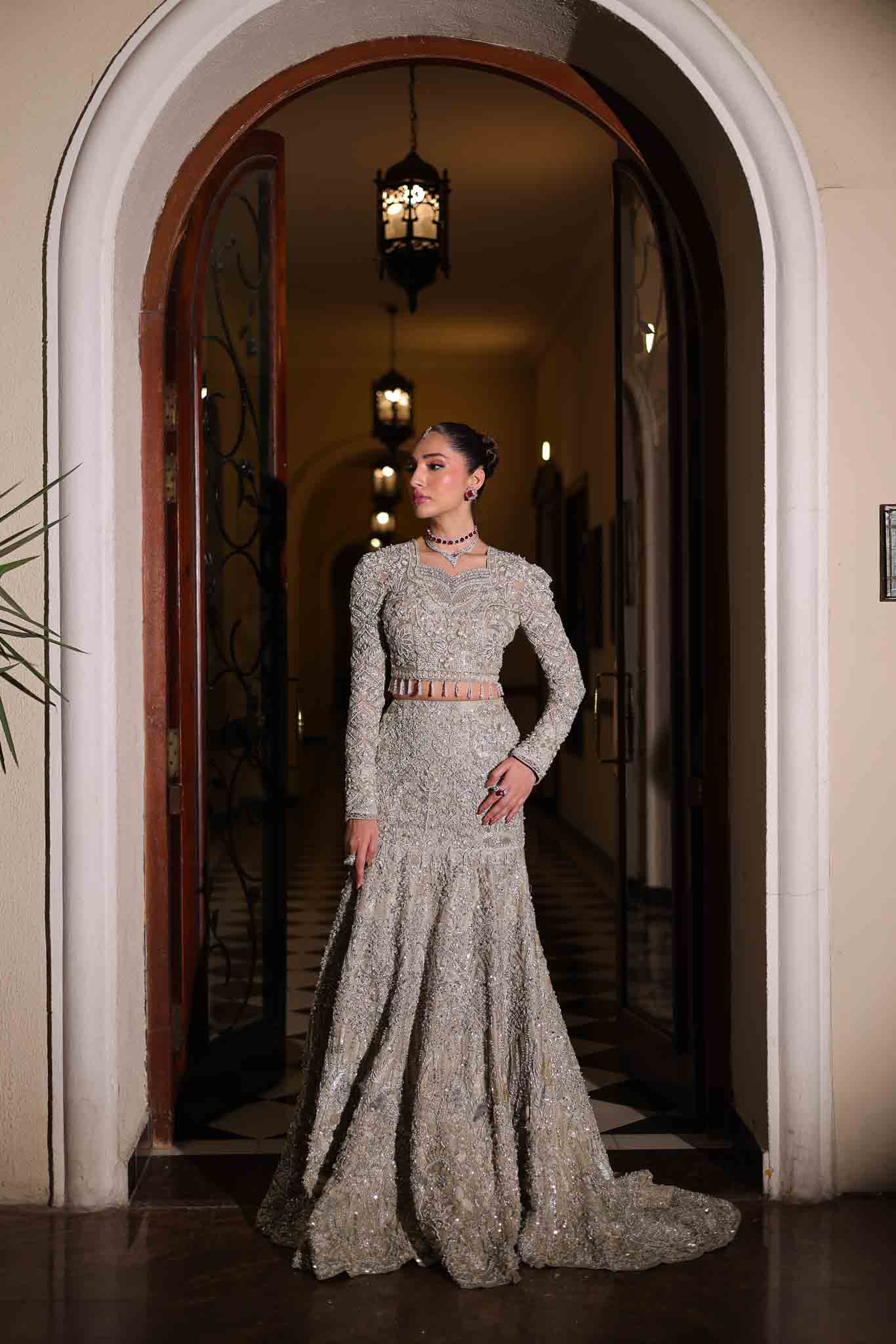Model wearing silver embellished dress BIA from Mysie by Tahira, showcasing Pakistani luxury pret available online in UK.