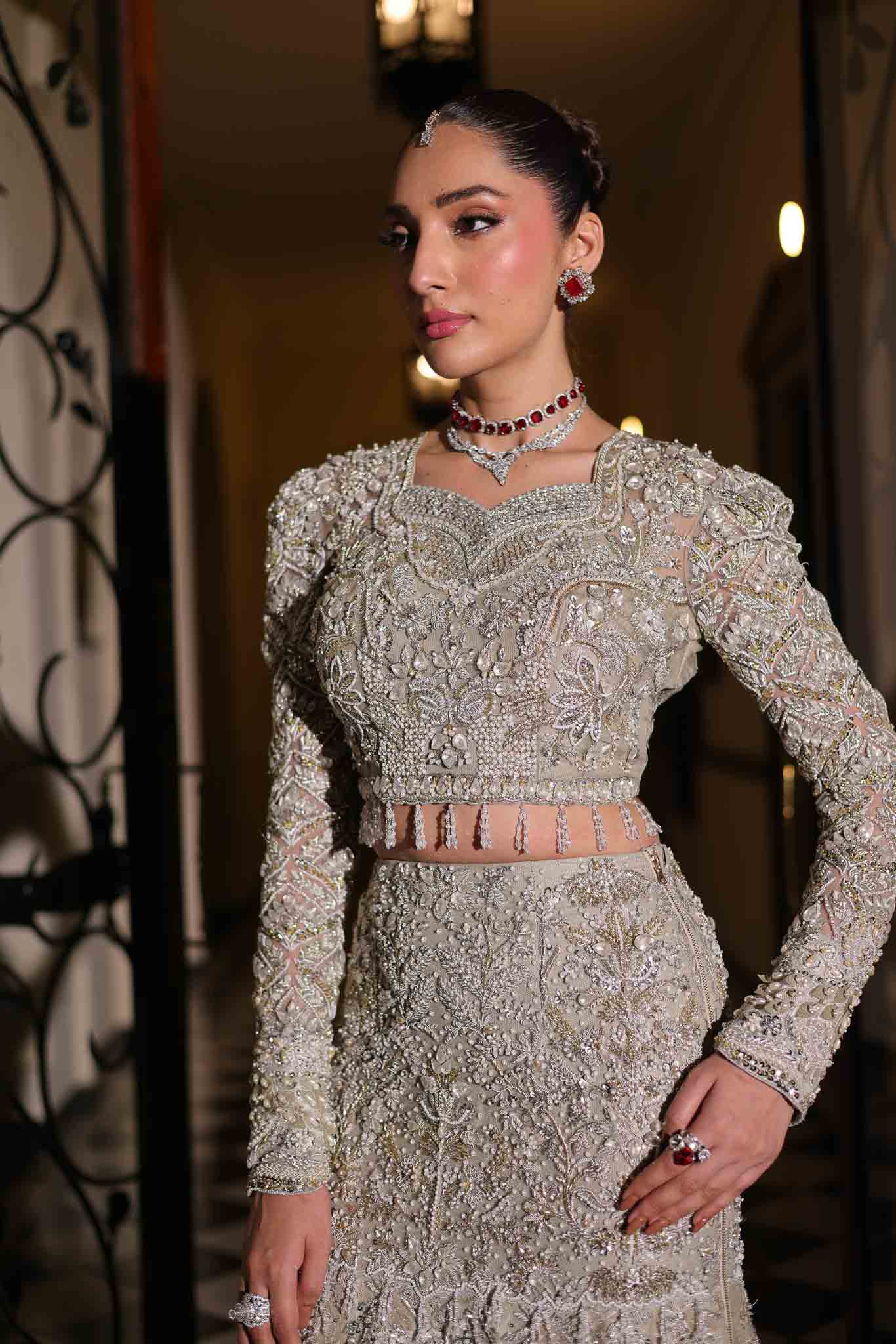 Model wearing silver embellished dress BIA from Mysie by Tahira, showcasing Pakistani luxury pret available online in UK.