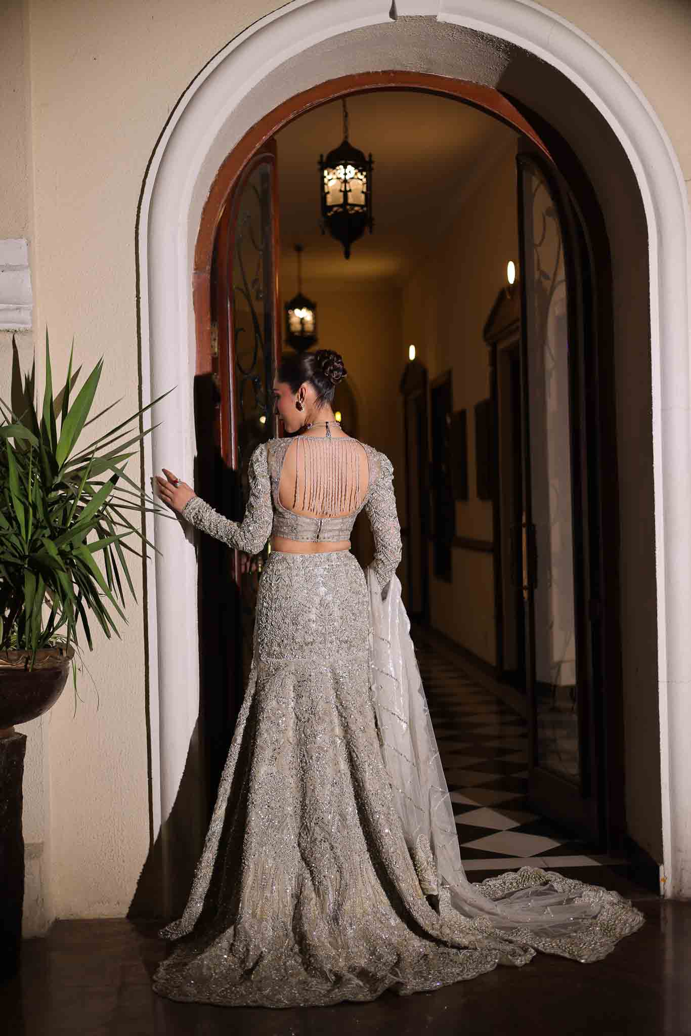 Model wearing silver embellished dress BIA from Mysie by Tahira, showcasing Pakistani luxury pret available online in UK.