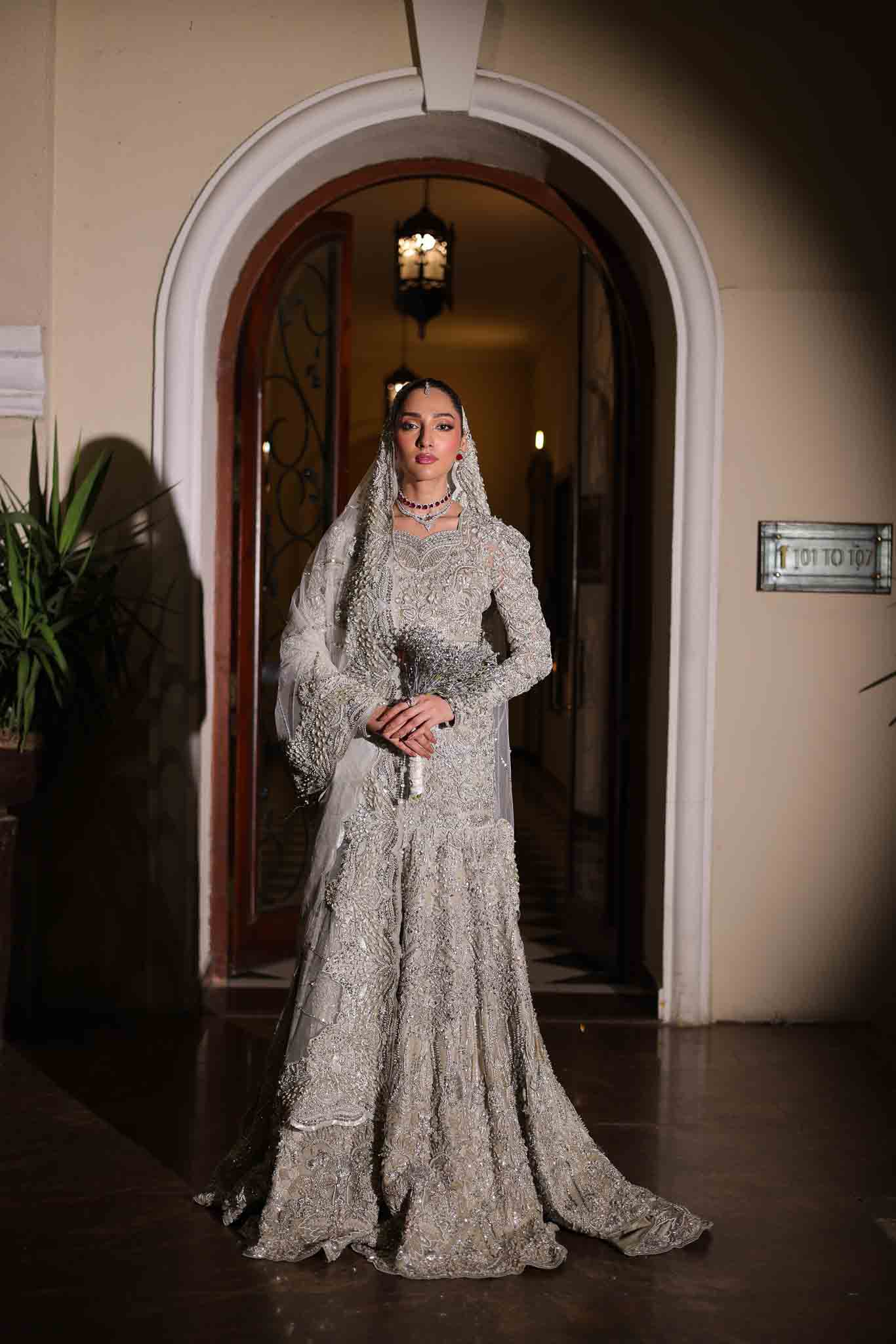 Model wearing silver embellished dress BIA from Mysie by Tahira, showcasing Pakistani luxury pret available online in UK.
