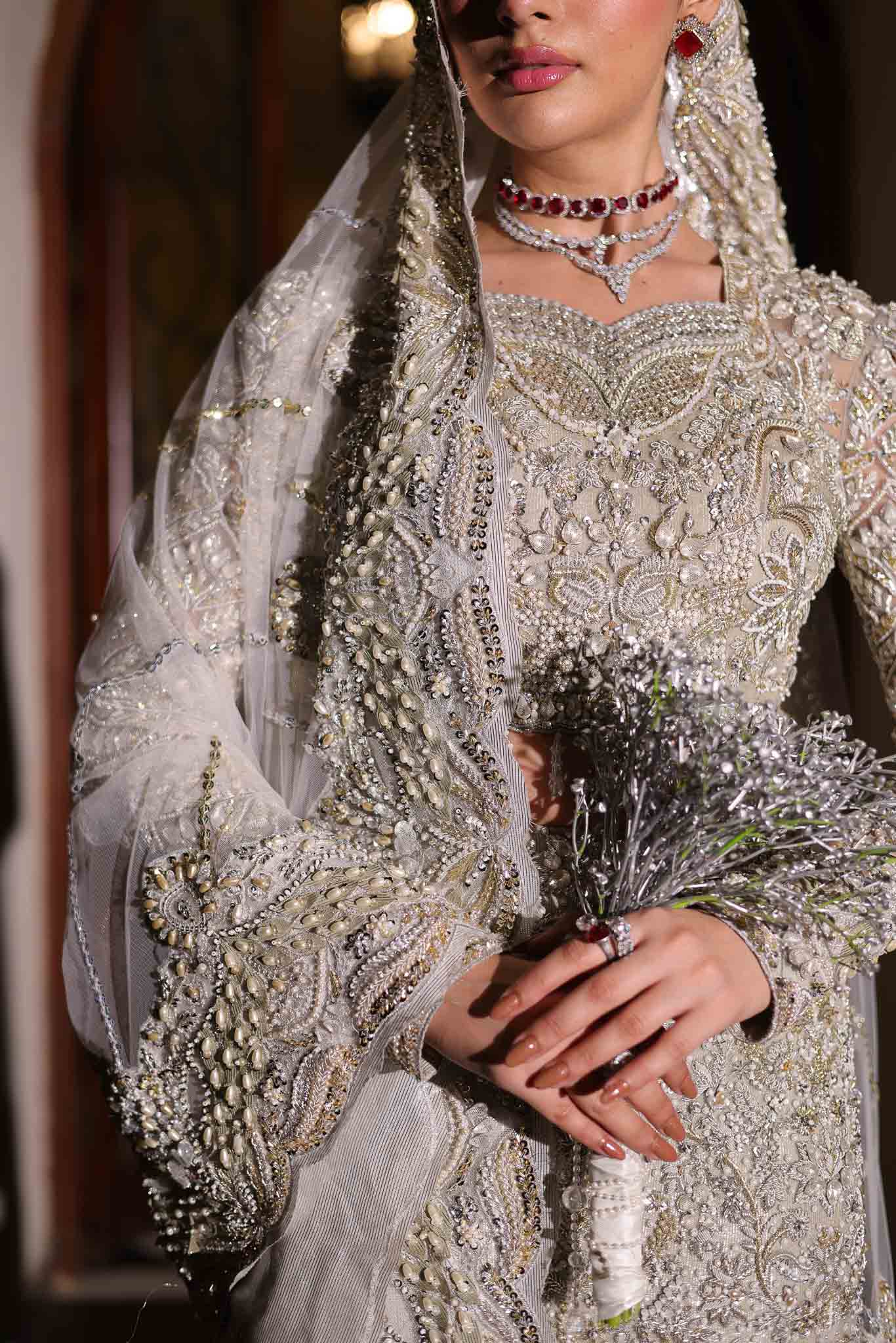 Model wearing silver embellished dress BIA from Mysie by Tahira, showcasing Pakistani luxury pret available online in UK.
