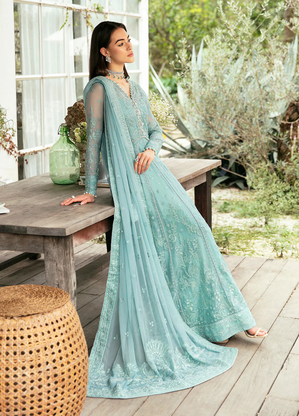 Model wearing Gulaal Iveria sea green chiffon Eid dress, Suffuse detailing, exclusive Pakistani clothes UK.